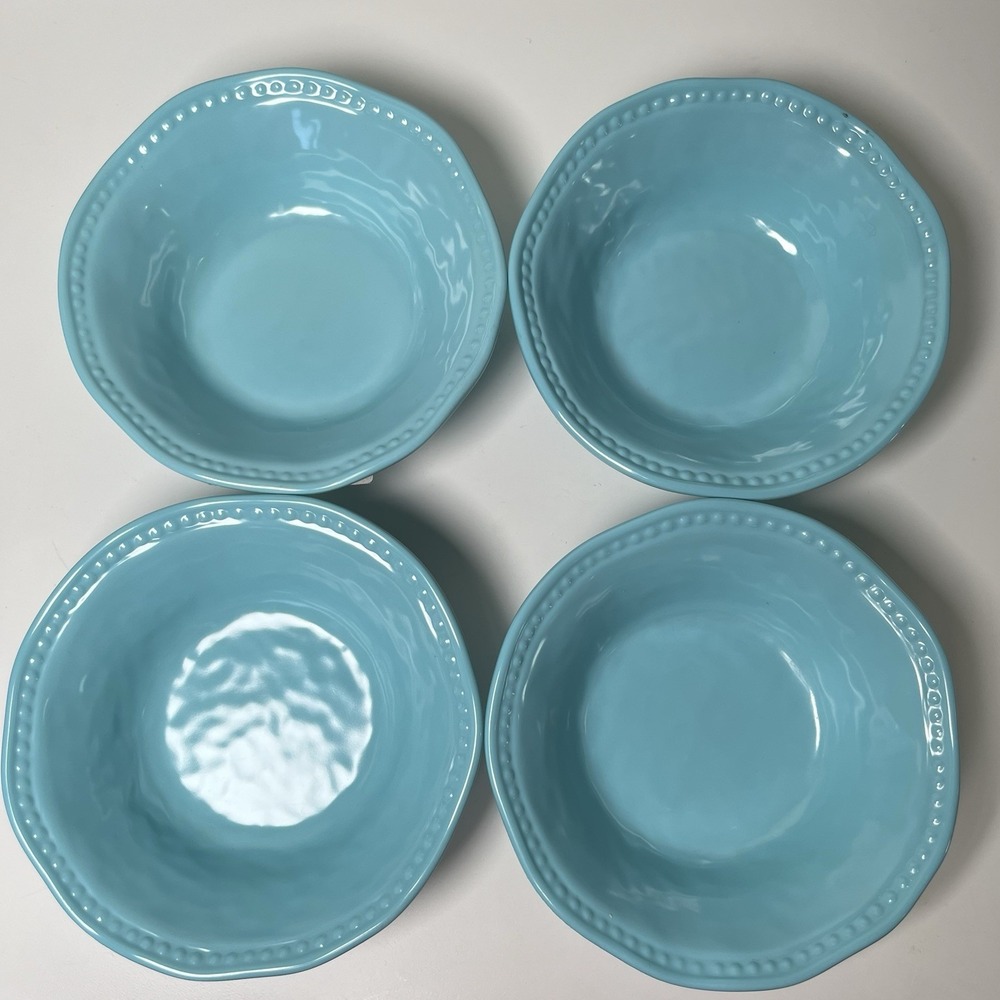 New Tommy Bahama Set Of 4 Teal Melamine Soup / Cereal Bowls With Beaded Trim - Picture 2 of 7
